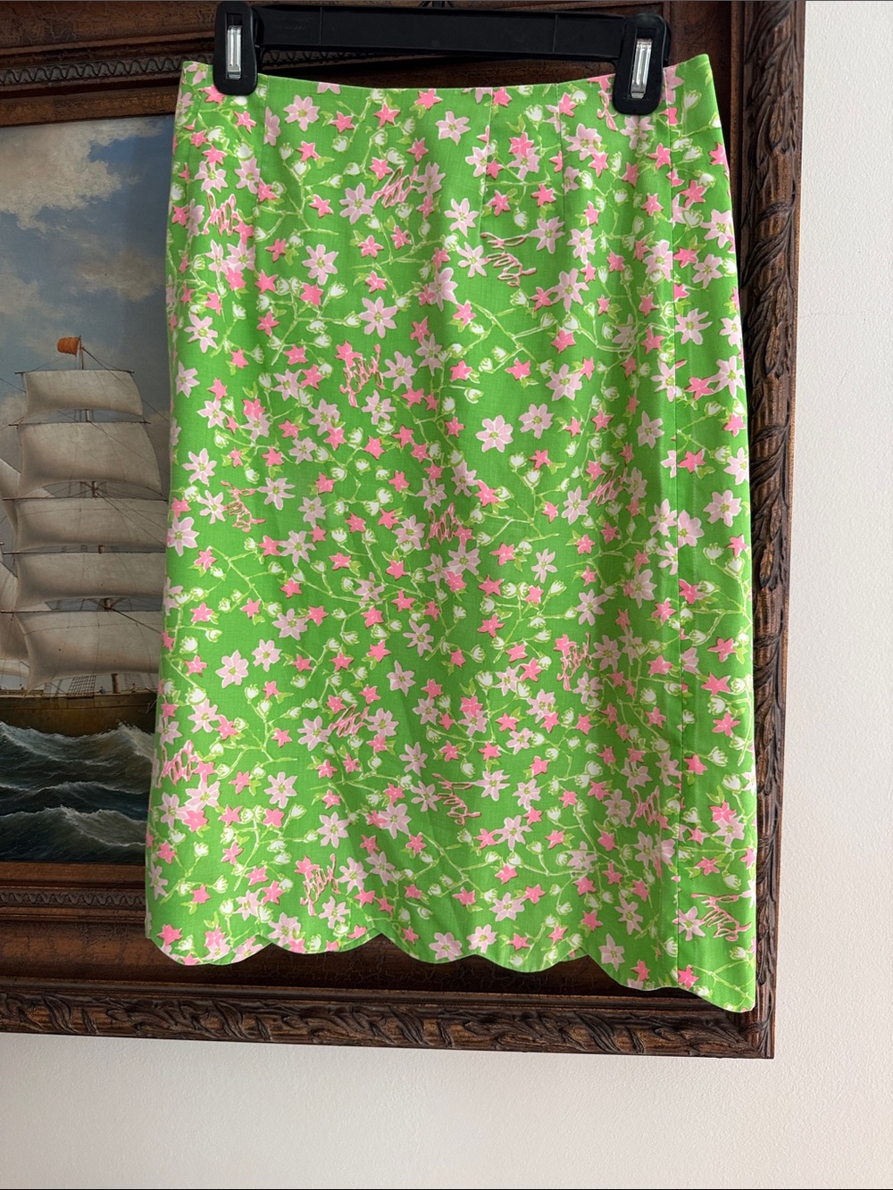 Vintage Lilly Pulitzer Green Floral Scallop Hem Pencil Skirt - Picture 1 of 5